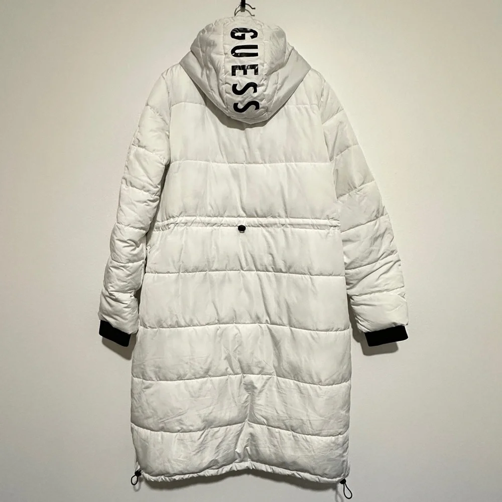 Guess White Black Longline Hooded Zip Button Puffer Jacket / Coat Size XL